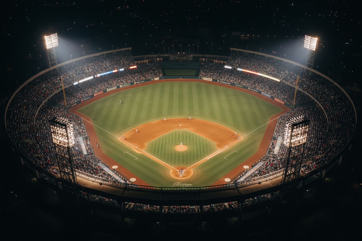 close up aerial perspective of baseball stadium lights at night shining down illuminating the park with players on the fields and fans in the stands visible down below